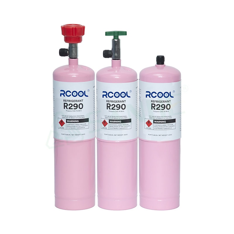 Three pink R290 refrigerant gas cylinders with valves and labels for HVAC systems.